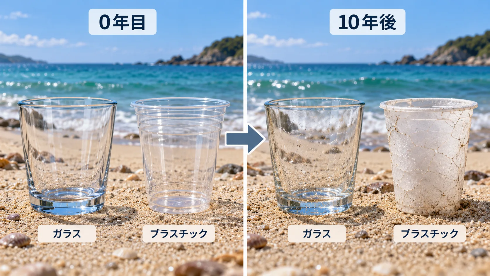 ガラスのコップとプラスチックのコップ、0年目と10年後の比較イラスト