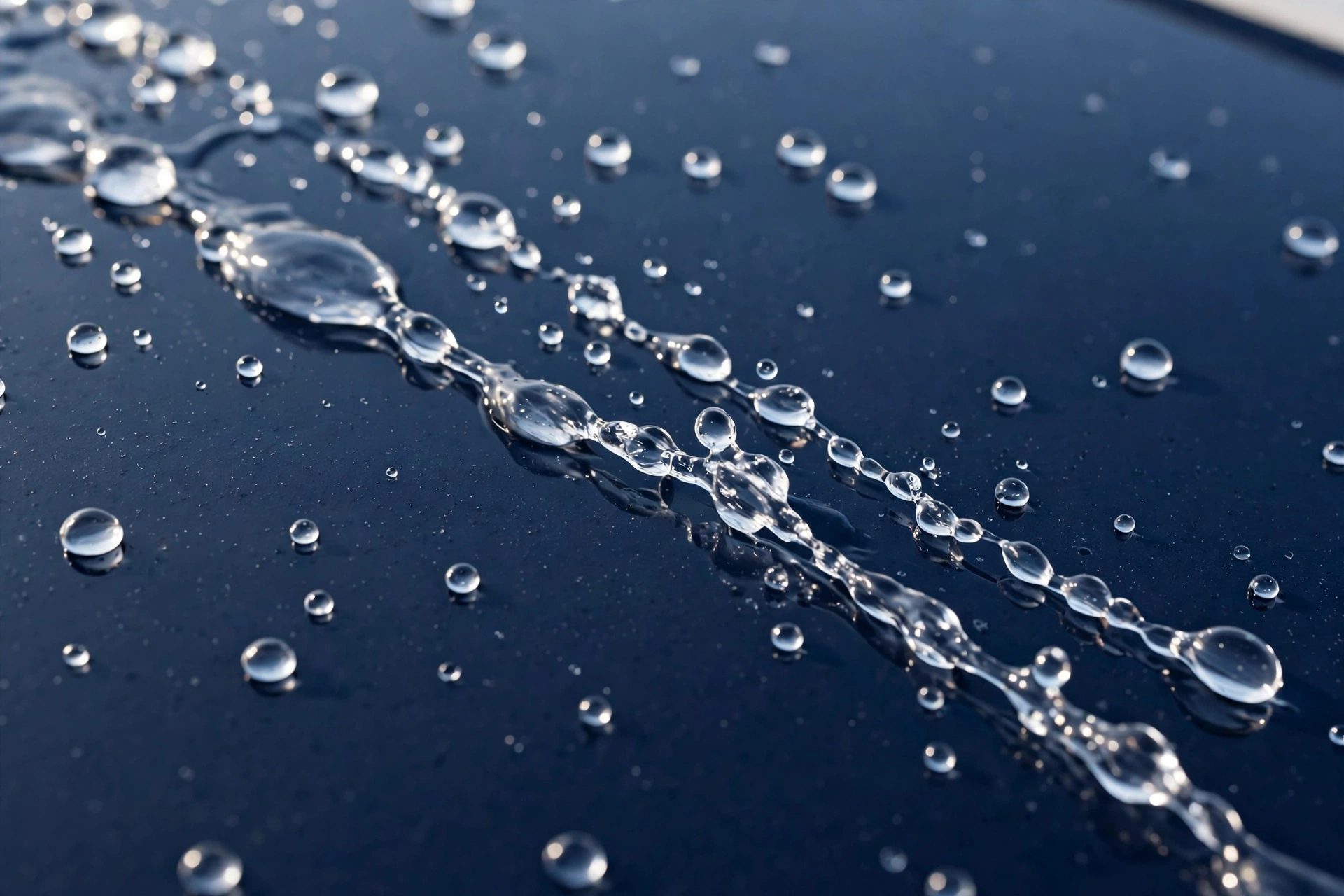 ガラス質の塗膜の上で水滴が玉になって弾かれる様子