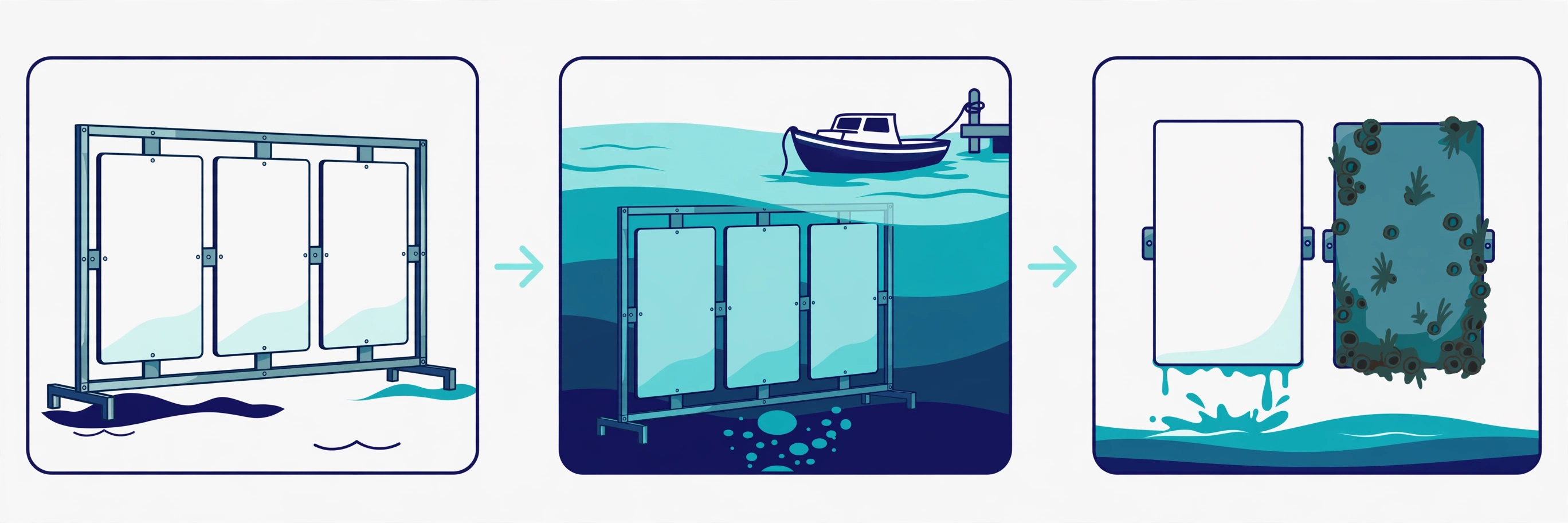 浸漬試験の流れを3コマで示したイラスト。試験板を枠に設置し、海中へ浸漬し、引き上げると塗布面だけがきれいに残る
